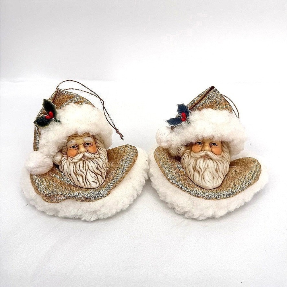 Santa Claus Head Ornaments Gold Metallic Faux Fur Trim Christmas Set of 2‎